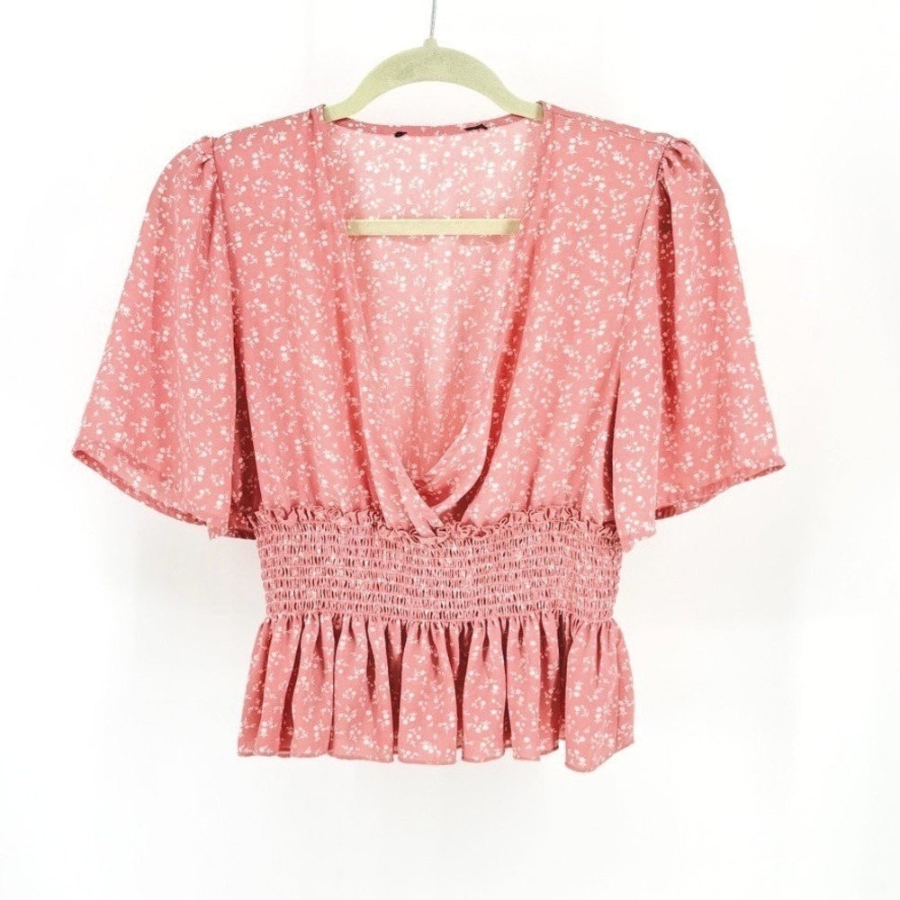 Pink Floral Smocked Waist Peplum Wrap Top Small Coquette Babydoll y2k Ruffles